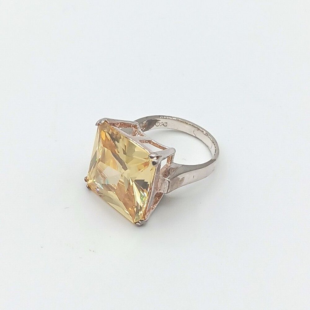 Sterling Cocktail Ring Size 5.5 Princess Cut Yellow CZ Chunky Square 925 Silver